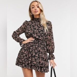 Missguided+ Black and Pink Floral Long Sleeve Mini Dress